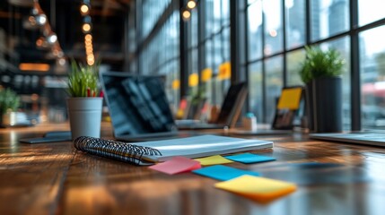Modern workspace with notebook and sticky notes