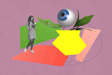 Pop full retro 3d magazine collage image of happy girl guy stand plant eyeball stare third esoteric...