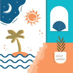 Summer modern poster. Abstract background with palm, wavy, sun, moon, seashell, plant. Vector illustration. 