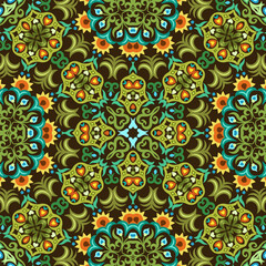 Fototapeta premium Seamless ornamental mandala pattern with intricate symmetrical vector design. Inspired by traditional motifs. Perfect for textiles, wallpapers, tiles, packaging, and decorative projects.