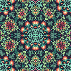 Seamless ornamental mandala pattern with intricate symmetrical vector design. Inspired by traditional motifs. Perfect for textiles, wallpapers, tiles, packaging, and decorative projects.
