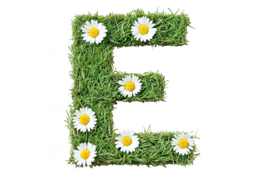 Letter e made of grass and daisies isolated on transparent background