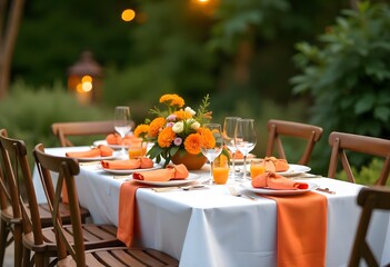 Elegant outdoor dining table setup with orange floral centerpiece and candlelight ambiance high resolution photo