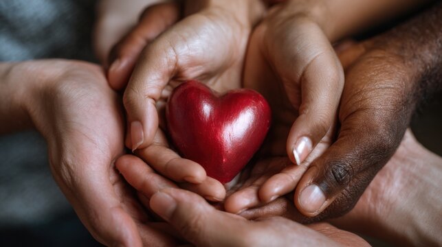 Unified Heart: A close-up shot captures diverse hands cradling a vibrant red heart, symbolizing unity, compassion, and global harmony.