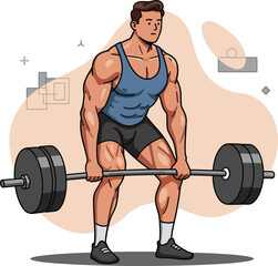 Muscular man lifting heavy barbell weight training exercise illustration in fitness gym environment  - obrazy, fototapety, plakaty