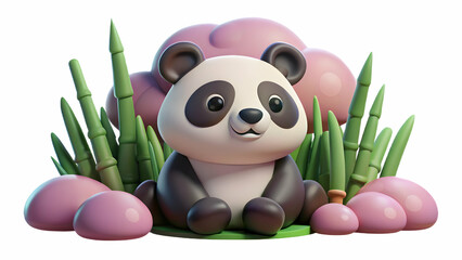 Adorable panda figurine sitting among green plants and rocks, cute panda sculpture, whimsical animal decor, charming wildlife ornament, perfect for kids’ room or garden.

