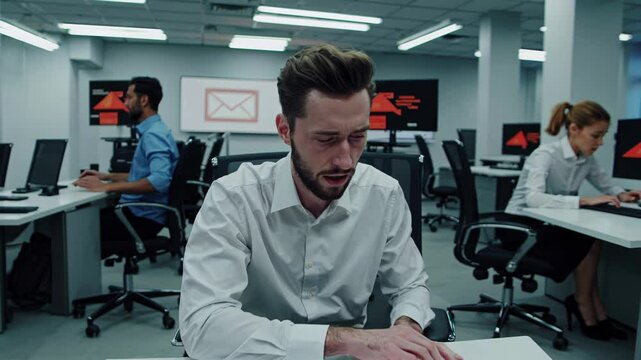 Office worker feeling wrist pain from long hours of typing, experiencing discomfort and seeking relief, highlighting the prevalence of rsi and its impact on workplace productivity
