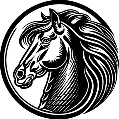Stylized black and white horse head logo in circular frame