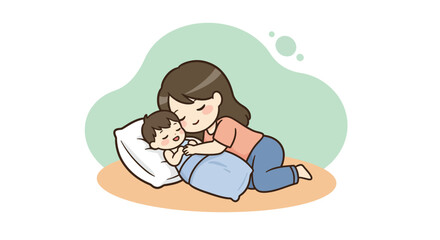 Mother gently cuddling sleeping baby wrapped in blue blanket with green background in cozy scene 