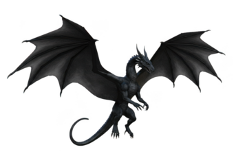 Fantasy creature illustration of a winged dragon with spread wings on transparent background