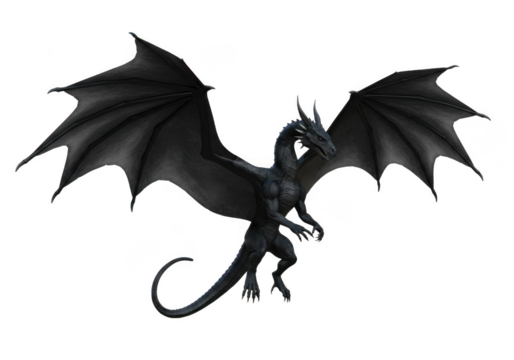Fantasy creature illustration of a winged dragon with spread wings on transparent background