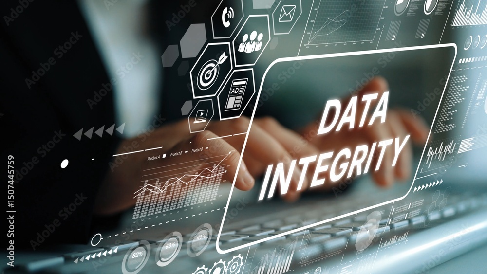 Poster Modern Business Concept of Data Integrity with Hands Typing on Keyboard and Digital Interface Elements Displayed. Asymptotic smart data analytic.