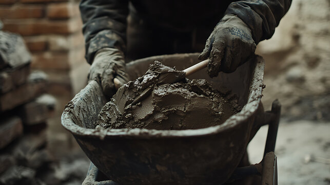 Construction Worker Mixing Cement in a Wheelbarrow