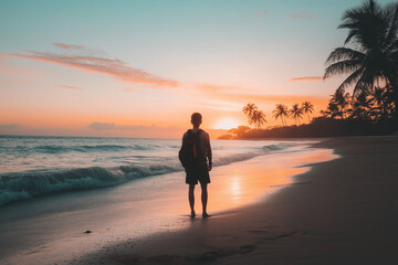 Naklejka premium Man with backpack standing on beach at sunset with palm trees and ocean waves glowing in light