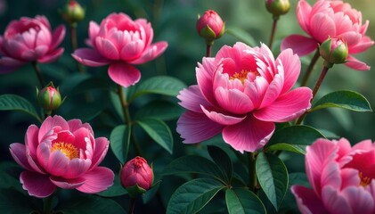 Obraz premium Bold peony blooms & lush foliage, endless repeat, design element, lush, design