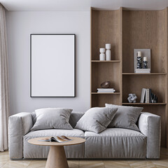 Plakat Frame mockup, ISO A paper size. Living room wall poster mockup. Interior mockup with house background. Modern interior design. 3D render 
