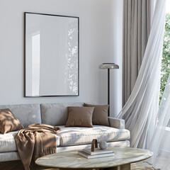 Frame mockup, ISO A paper size. Living room wall poster mockup. Interior mockup with house background. Modern interior design. 3D render
