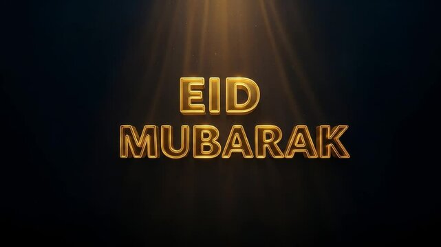 Gold-colored, 3D clear text that reads "EID MUBARAK" on a deep&nbsp; background. The text is stylized, with a slightly ornate. GORGIOUS GOLDEN Light rays emanate from the top of the image, casting highligh