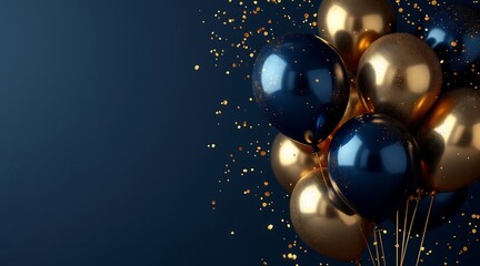 Elegant navy blue and gold balloons with golden confetti