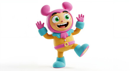 Cartoon character dancing joyfully in colorful outfit with accessories  