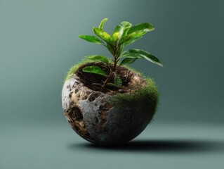 Sprout Sphere: A fragile plant emerges from the earth sphere. A potent reminder of growth and resilience, symbolizing hope for renewal, displayed with precision on earth color surface.