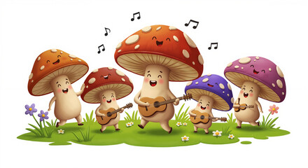 Fototapeta premium Colorful cartoon mushrooms playing guitars and singing in a field 