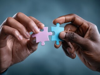 Fitting Puzzle Pieces: Two hands, one dark-skinned and one light-skinned, converge to connect a pink and blue puzzle piece, symbolizing unity and collaboration, capturing the essence of partnership