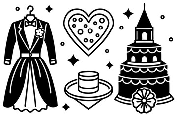 Wedding Day Icons Dress Heart Cookie Cake and Hat