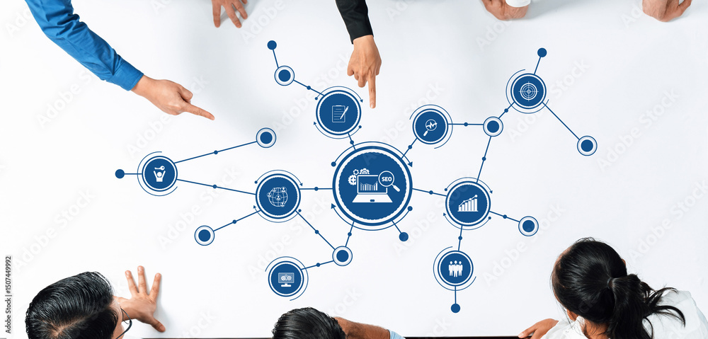 Poster a diverse group of professionals collaborates on a digital marketing strategy, engaging in discussio