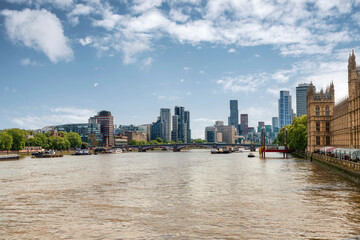 City of London, and House of Parliament from the Thames River, London, UK