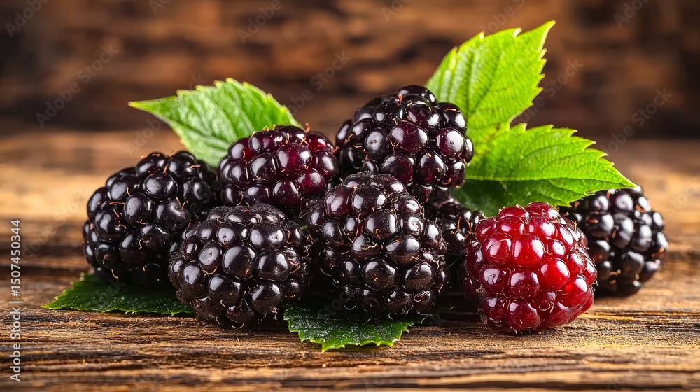 Aufkleber a cluster of ripe blackberries and one red raspberry rests on green leaves atop a rustic wooden surf