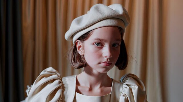 Fashionable girl wearing a stylish beret and elegant dress poses gracefully, showcasing her charm and poise in a series of captivating portraits