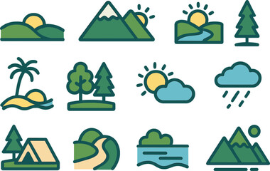 A set of icons representing landscape and nature is available in vector and illustration formats