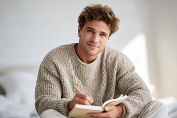 Young man journaling in cozy room with morning light, mental wellness and self-care