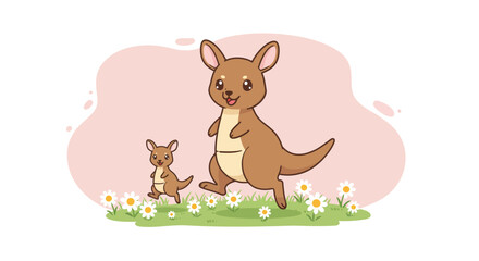 Obraz premium Kangaroo mother and baby hopping in grassy field with daisies and pink background for playful wildlife scene 