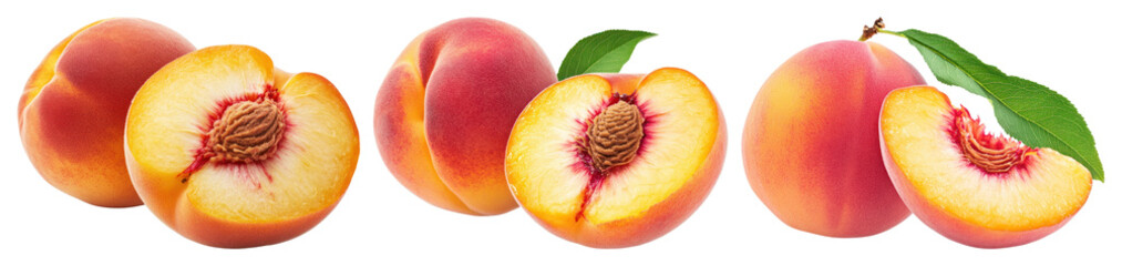 PNG Three ripe peaches, two whole and one halved, with leaves element set on transparent background.