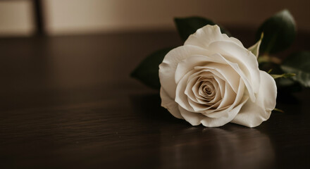 Close Up Of A Single White Rose Lying On A Dark Wooden Surface With Green Leaves
