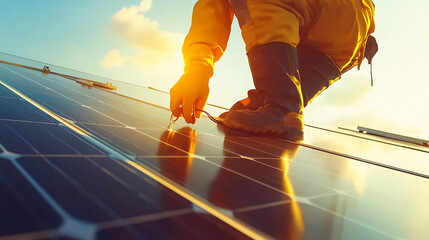 Technician Installing Solar Panels on a Rooftop