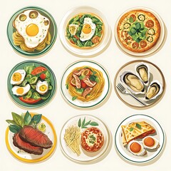 Assorted culinary dishes displayed on plates.