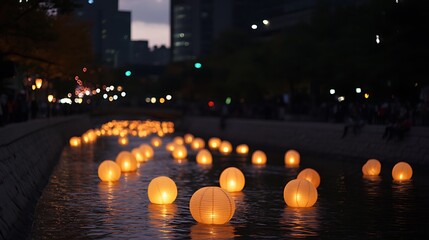 Illuminated paper lanterns float on a tranquil waterway at night.