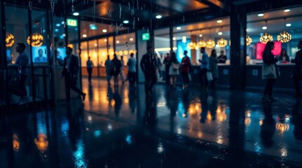 Fototapeta premium People walking in modern shopping center at night with reflections 