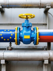 Horizontal gas pipeline with EU, Russian and Ukrainian flag colors used in geopolitical energy infrastructure visualization
