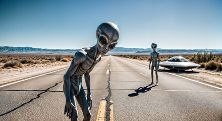 Pair of two Gray Aliens with one Alien Looking Directly Forward and Parked Flying Saucer in Distance in Deserted Background with Copy Space 