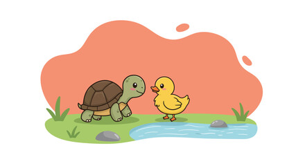 Turtle and duckling near small pond with green grass and orange background in nature scene 
