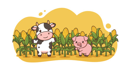 Fototapeta premium Cartoon cow and pig standing in front of cornfield with yellow background natural farm animal scene 