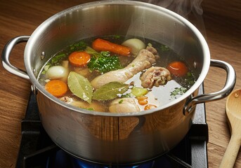Steaming Pot of Homemade Chicken Stock or Soup with Vegetables on a Stove - Comfort Food and Healthy Cooking.