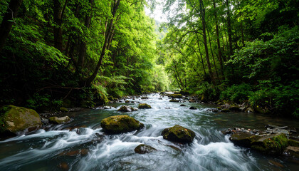 Obraz premium Wild flowing river surrounded by lush green forest