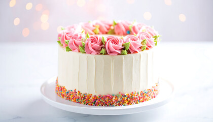 Festive birthday cake with pink roses and colorful sprinkles
