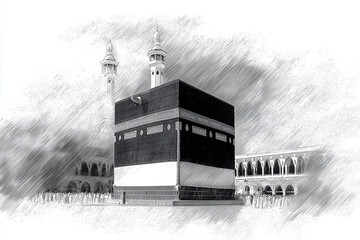 Black and white pencil drawing of Kaaba