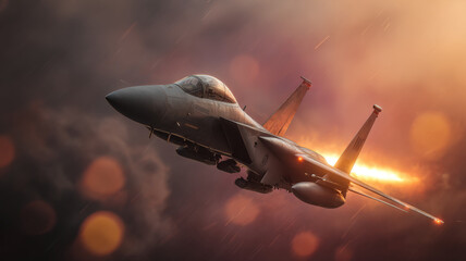 Military fighter jet flying through glowing sunset clouds with afterburner flames and cinematic orange light.